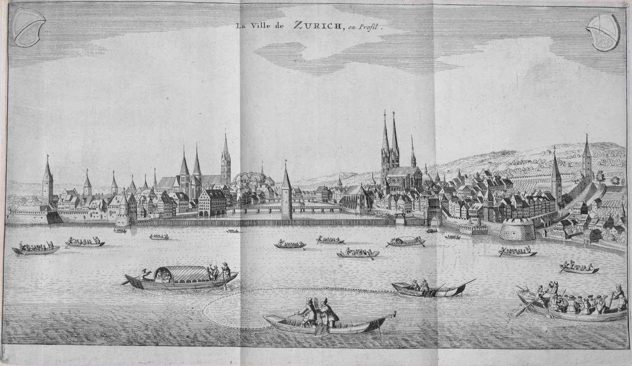 La città di Zurigo, Svizzera, dal Volume II di Itinera Alpina di Johann Jacob Scheuchzeri, pubblicato nel 1706 da German School