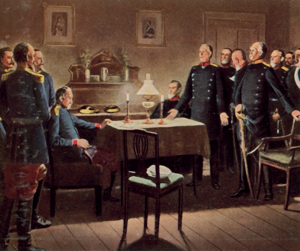 La capitolazione della fortezza di Sedan, 2 settembre 1870 (litografia a colori ingrandita) da German School