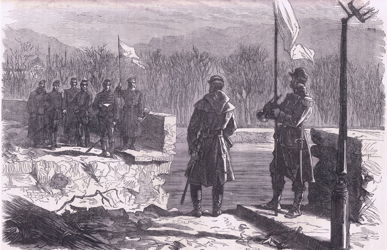 Le trattative di pace - un incontro al Ponte di Sevres, Cassells History of the War between France and Germany pubblicato da Cassell and Company Limited, c.1890 (litografia) da German School