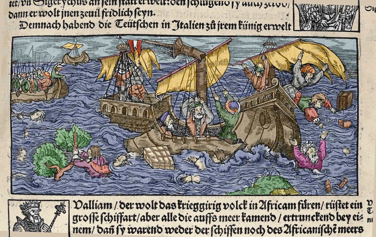 Il naufragio. Incisione da "Den Edlen Strenghen Besten Fromen" di Johann Stumpff. Inizio XVI secolo. da German School