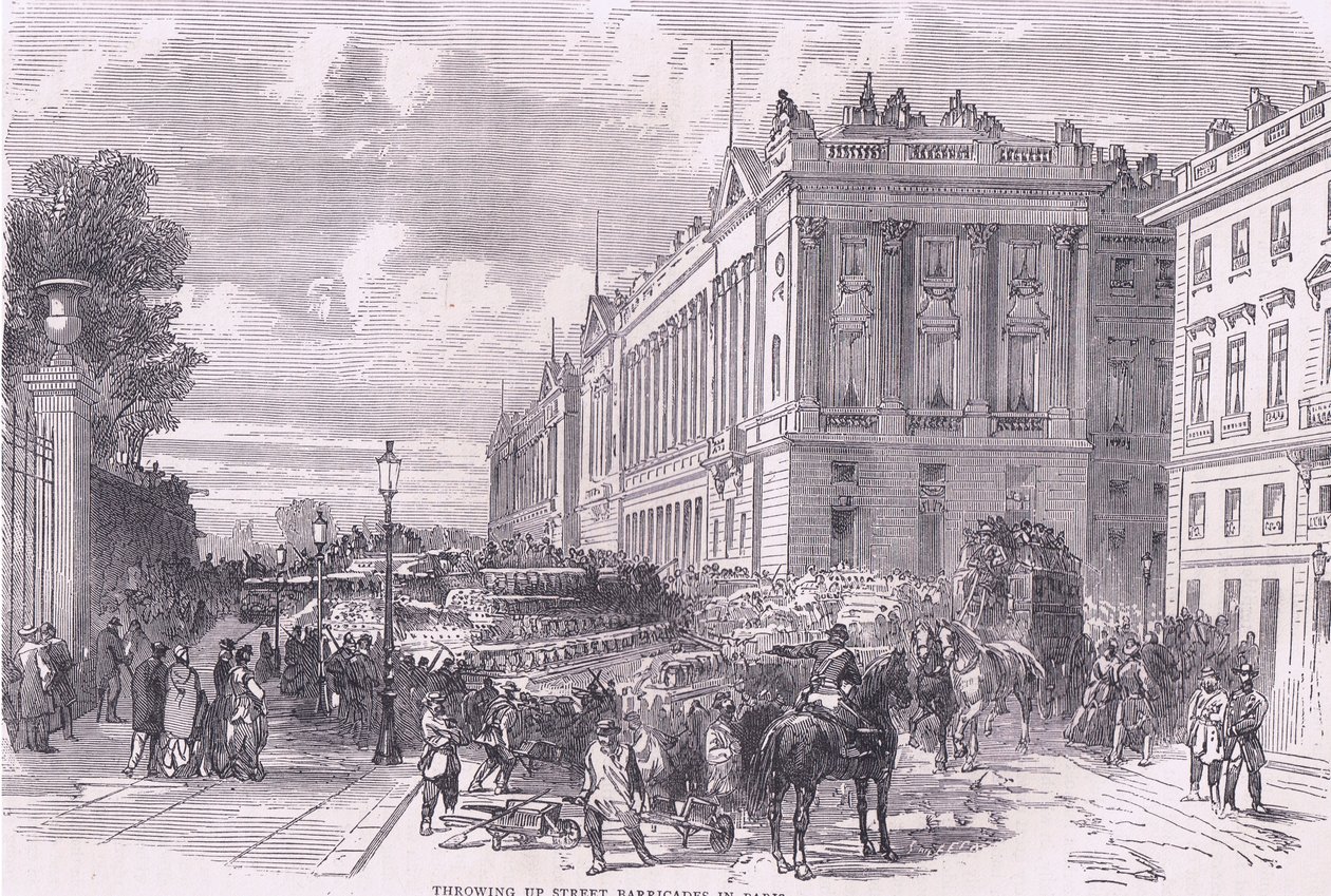 Costruzione di barricate stradali a Parigi, Cassells History of the War between France and Germany pubblicato da Cassell and Company Limited, c.1890 (litografia) da German School