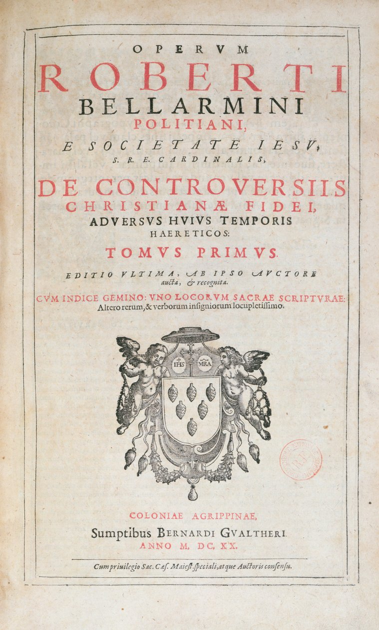 Pagina del titolo di De Controversiis di Robert Bellarmine, edizione pubblicata a Colonia nel 1620 da German School