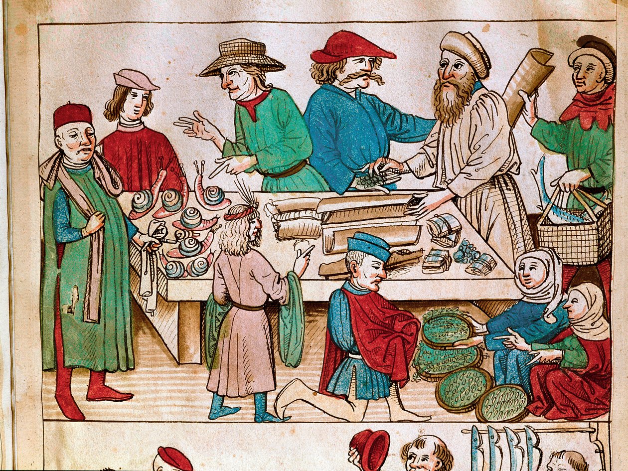 Commercio: scena di camminata. Miniatura da "Cronache del Concilio di Costanza" di Ulrich Richental (1360-1437) circa 1438 Praga, biblioteca nazionale da German School