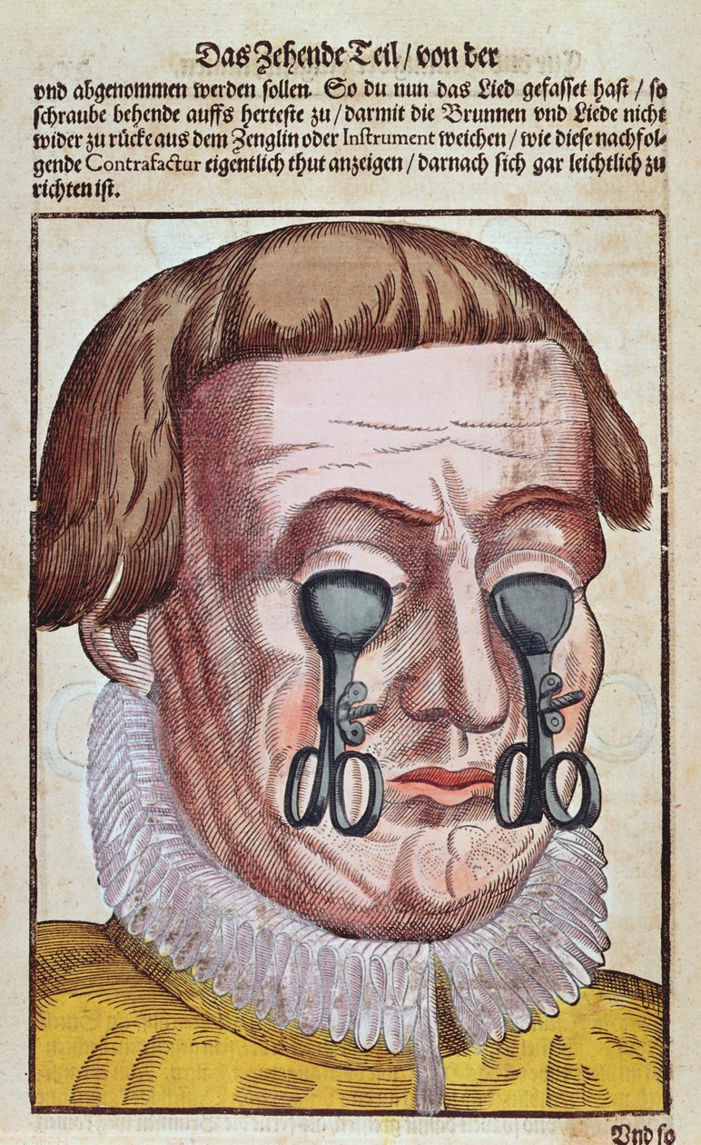Trattamento di una condizione oculare, da Ophthalmodouleia di Georg Bartisch (1535-1636) pubblicato a Dresda nel 1583 da German School