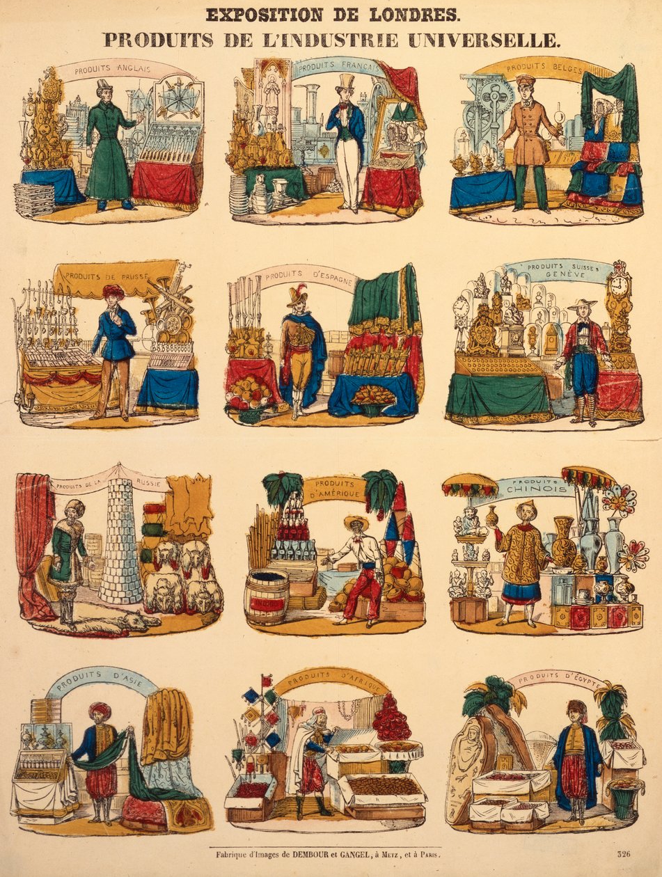 Dodici stand espositivi di varie nazioni alla Grande Esposizione di Londra, 1851 da German School