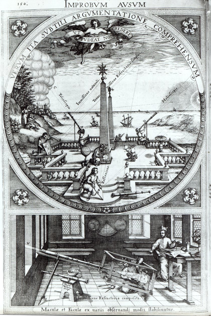Vari metodi di osservazione delle macchie solari, illustrazione da Rosa Orsina di Christoph Scheiner, pubblicato nel 1630 da German School
