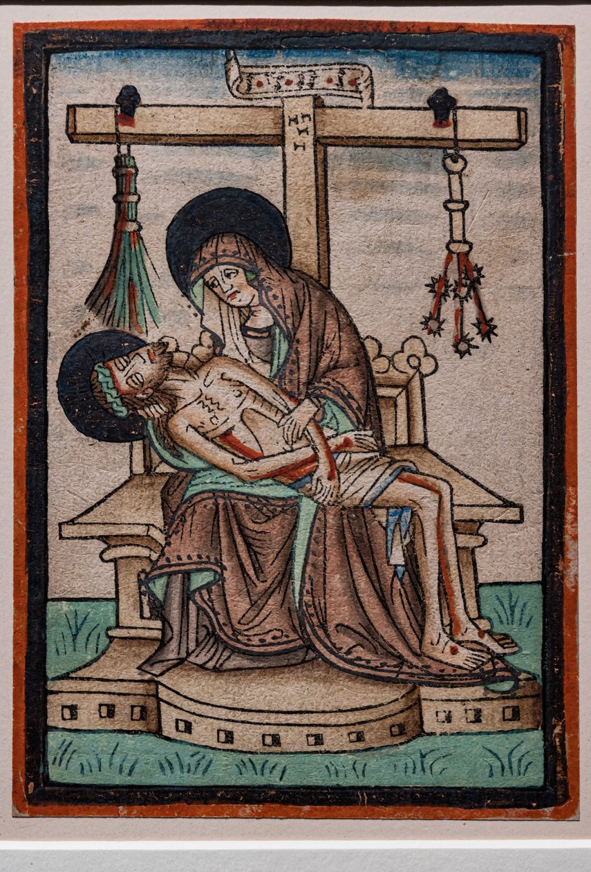 Simboli Della Passione Di Cristo Vesperbild (Lamentazione), xilografia acquerellata da incisore tedesco