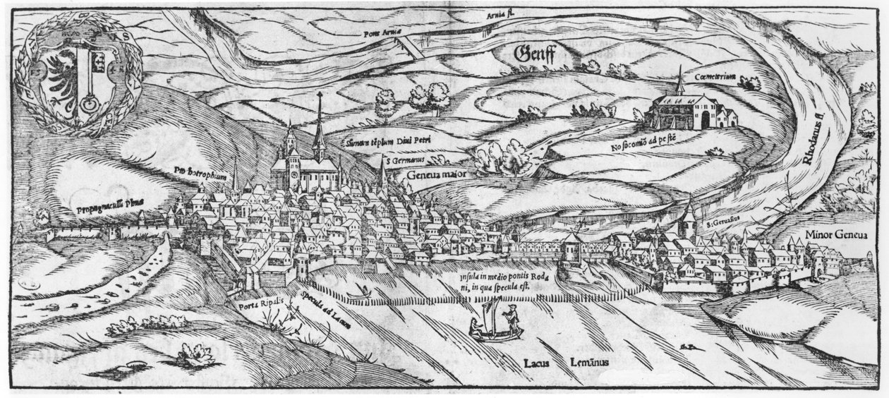 Veduta di Ginevra, da Cosmographie Universelle di Sebastien Munster (1488-1552) Basilea, pubblicato nel 1559 da German School