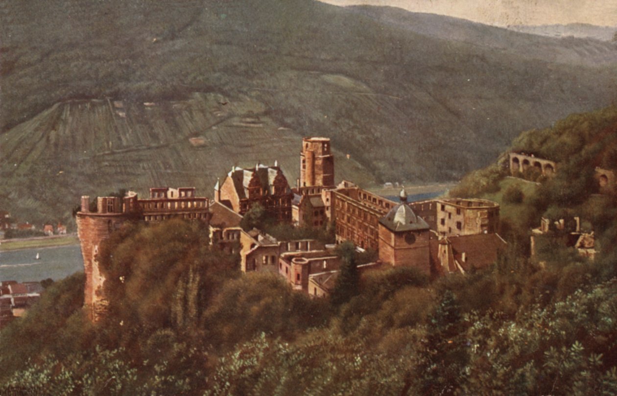 Vista del castello di Heidelberg dal Molkenkur (litografia a colori) da German School