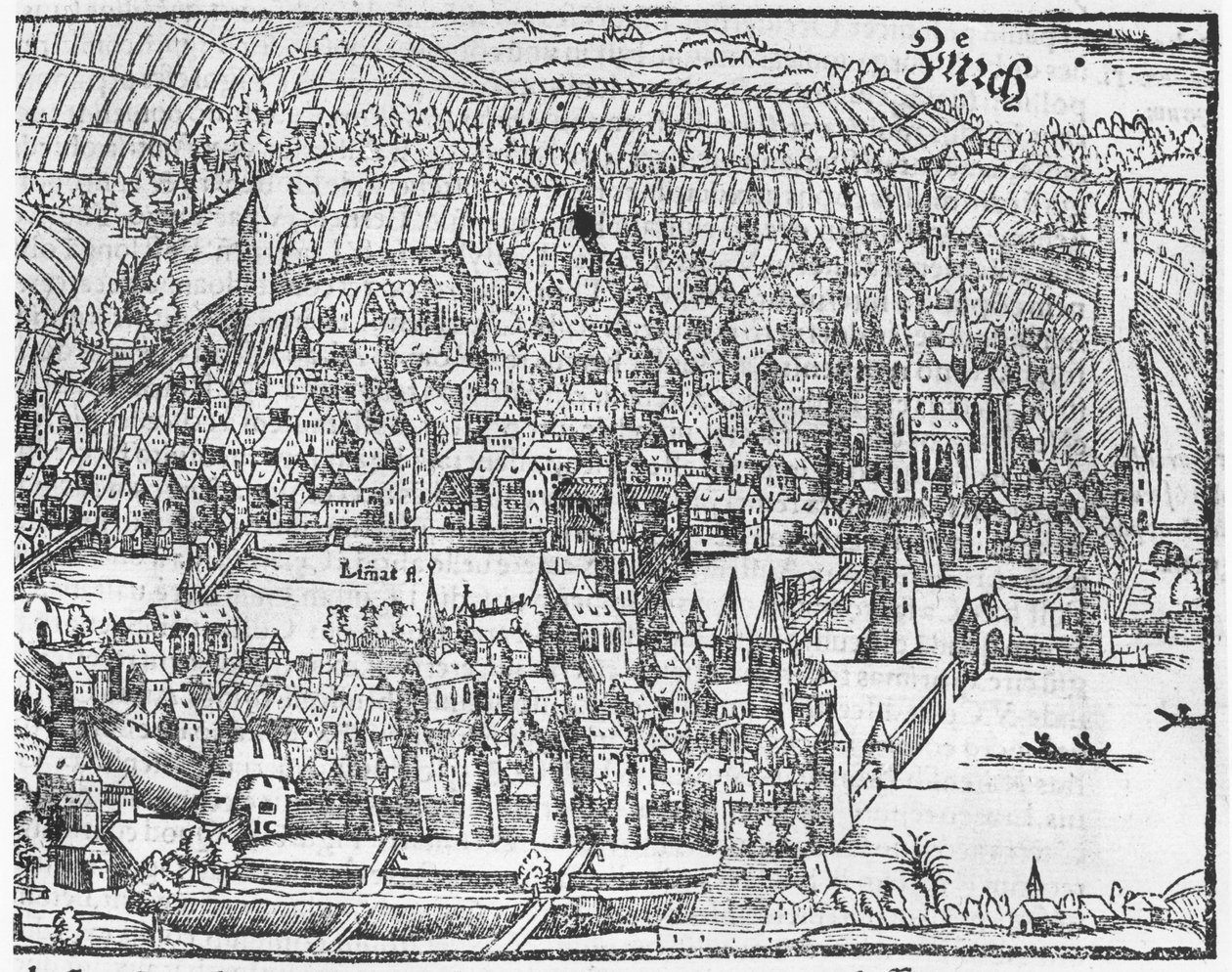 Veduta di Zurigo, da Cosmographie Universelle di Sebastien Munster (1488-1552) Basilea, pubblicato nel 1559 da German School