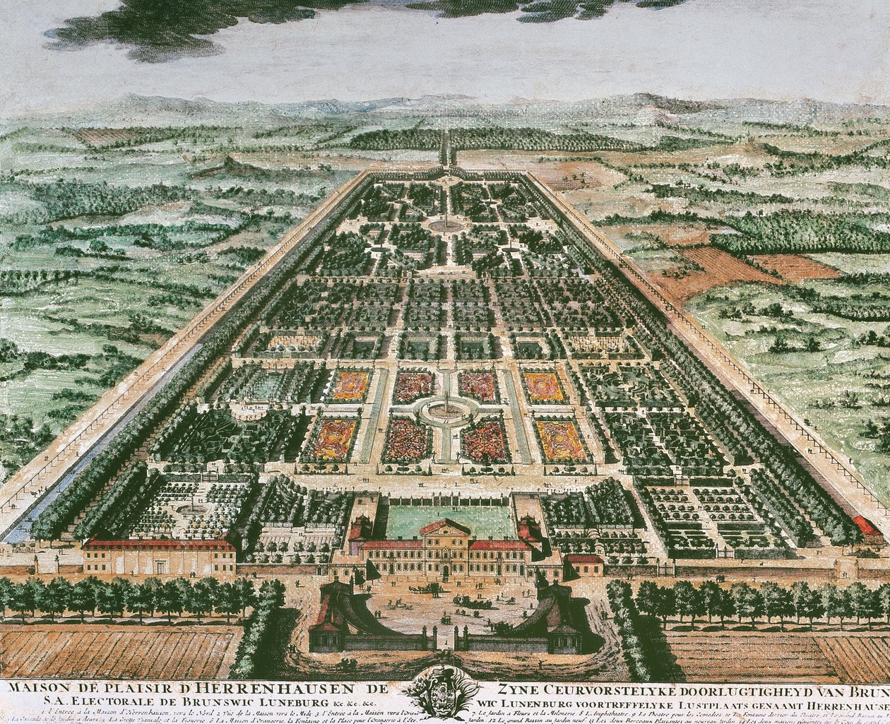 Vista del giardino del Castello di Herrenhausen, circa 1708, stampa a colori, Germania da German School