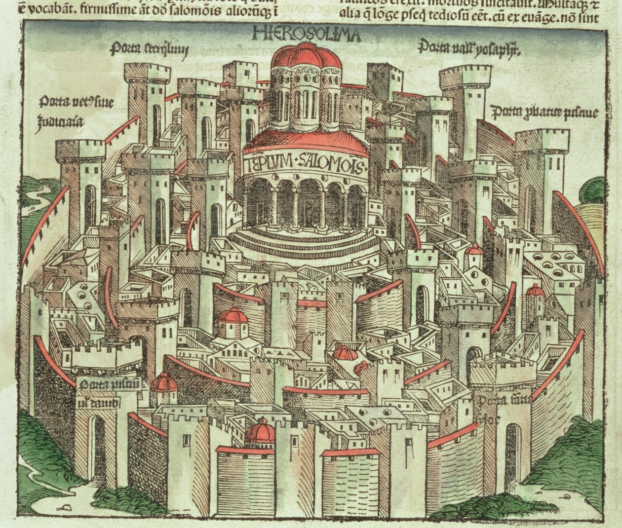 Vista della città murata di Gerusalemme con il Tempio di Salomone e le porte della città, dal Nuremberg Chronicle di Hartmann Schedel, 1493 da German School