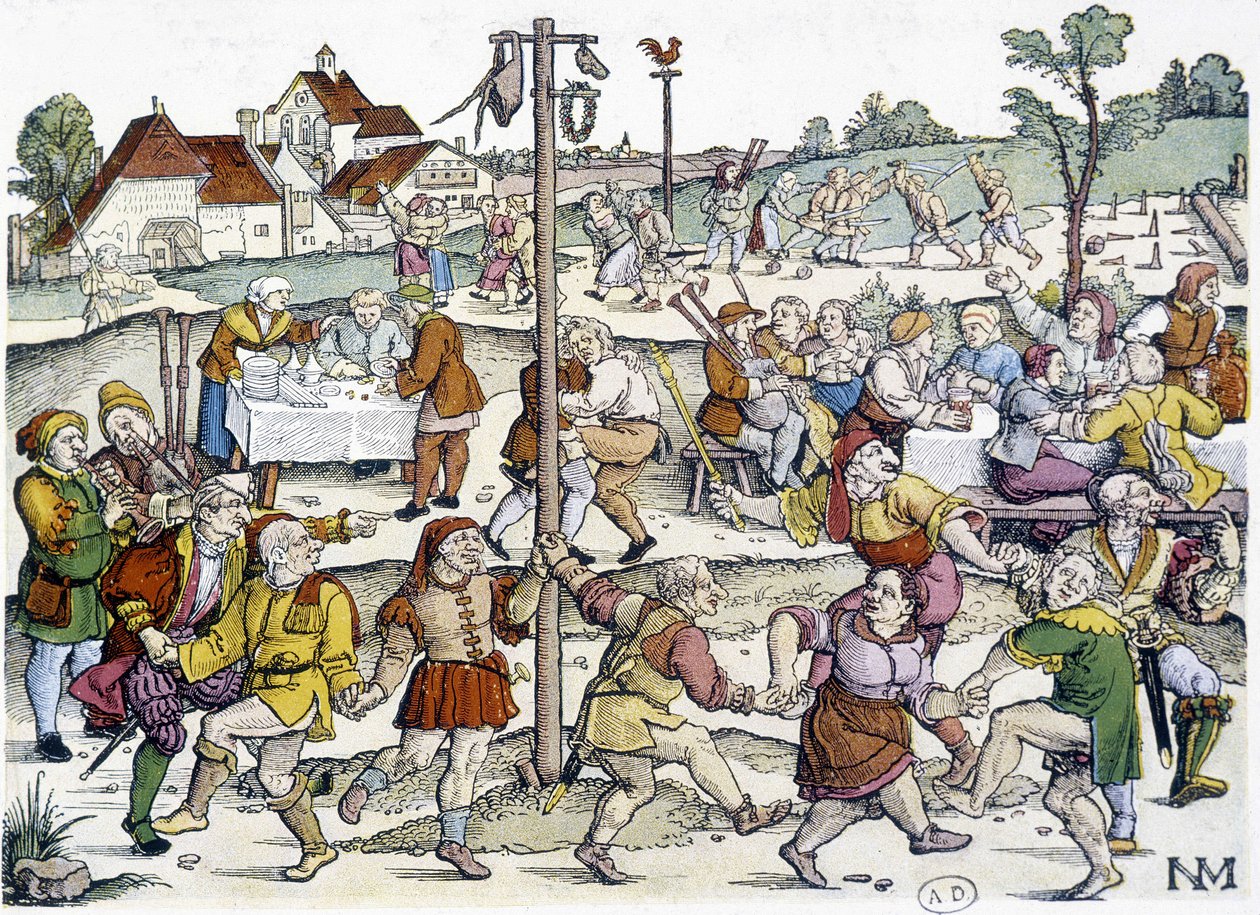 Danza del villaggio intorno al palo della cuccagna - immagine tedesca del XVI secolo di Nikolaus Meldemann da German School