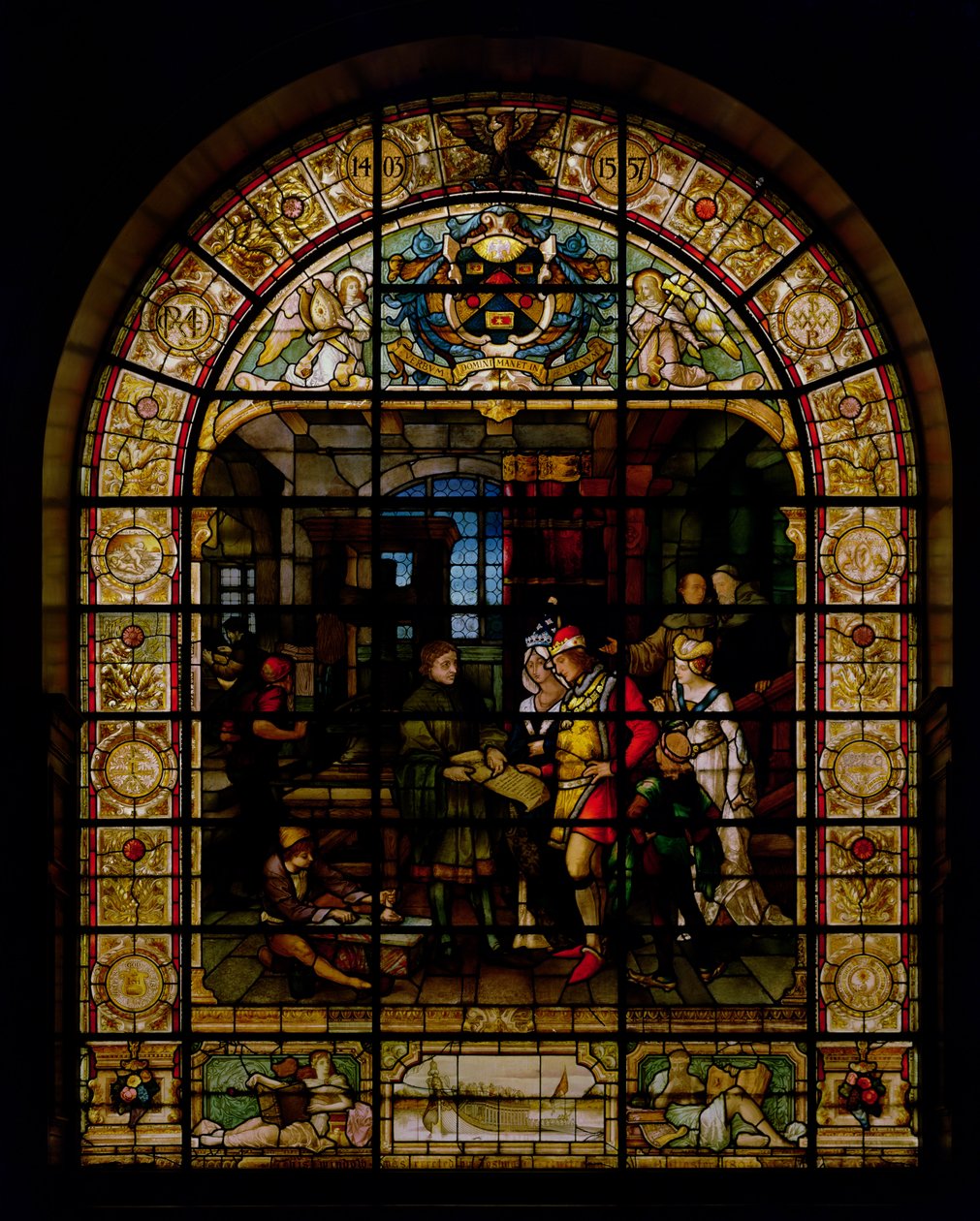 William Caxton mostra il suo primo libro stampato a Edoardo IV e sua moglie, Elizabeth Woodville nel 1477, di Mayer e Co., ditta di Monaco attiva a Londra, c.1880 da German School