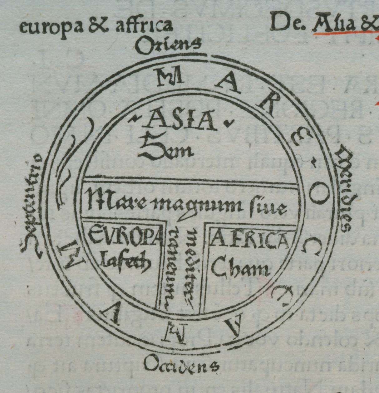 f.177v Mappa T-in-O, con nomi di luoghi in caratteri tipografici, da Isidoro di Siviglia, Liber Etimologiarvm da German School