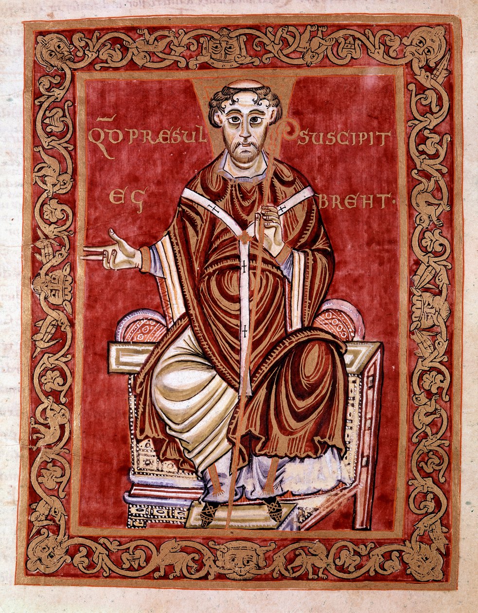 Il vescovo Egberto di Treviri riceve il salterio dalle mani del monaco Rudprecht (non rappresentato qui) - Miniatura del Codex Egberti della scuola di Reichenau, 980 - Cividale del Friuli, museo archeologico o Cattedrale di Cividale da German School