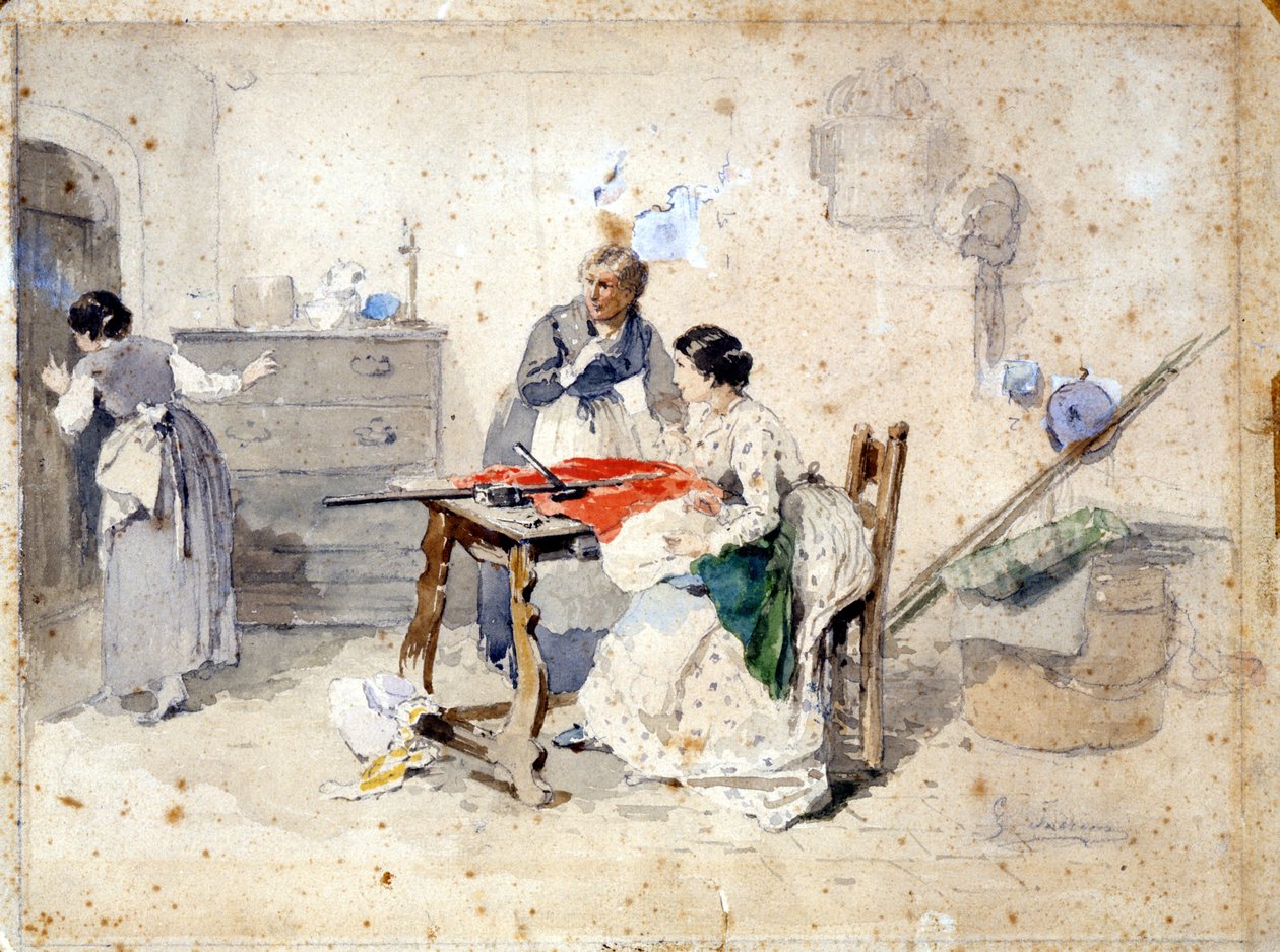 Donne milanesi realizzano la bandiera tricolore italiana. Acquerello di Gerolamo (Girolamo) Induno (1825 - 1890). Milano, Museo del Risorgimento. da Gerolamo Induno