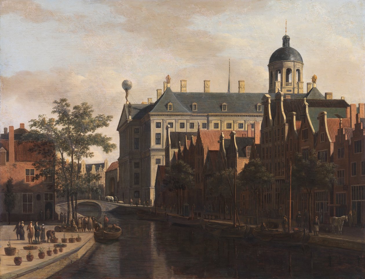 Olandese: Amsterdam, il mercato dei fiori al municipio visto Il Nieuwezijds Voorburgwal con il mercato dei fiori e degli alberi ad Amsterdam da Gerrit Adriaenszoon Berckheyde