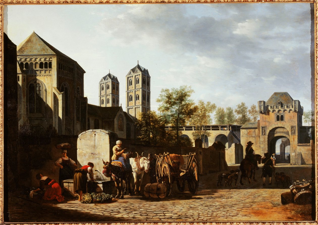 Francese: Fontaine publique et église Saint-Géréon à Cologne da Gerrit Adriaenszoon Berckheyde