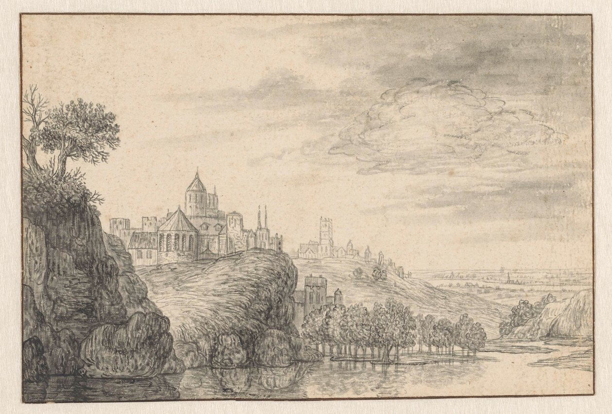 Vista fantastica di una città su una riva alta del fiume da Gerrit Battem