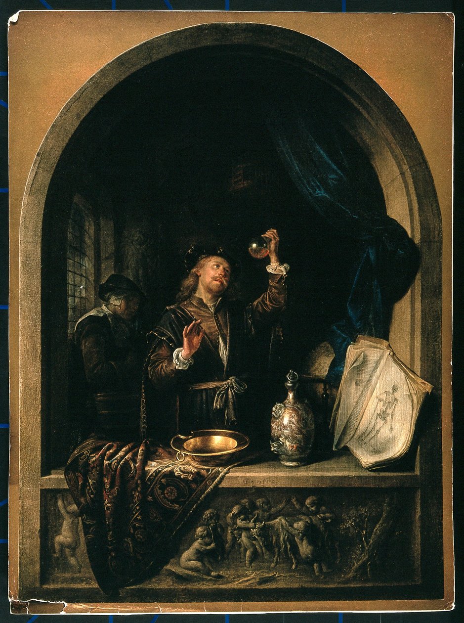 Un medico che esamina un campione di urina di una donna anziana da Gerrit Dou