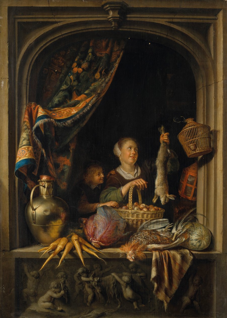 Una giovane donna che tiene in mano una lepre con un ragazzo alla finestra da Gerrit Dou