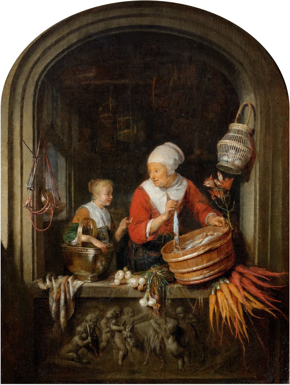 Donna che vende aringhe e ragazza in vetrina da Gerrit Dou