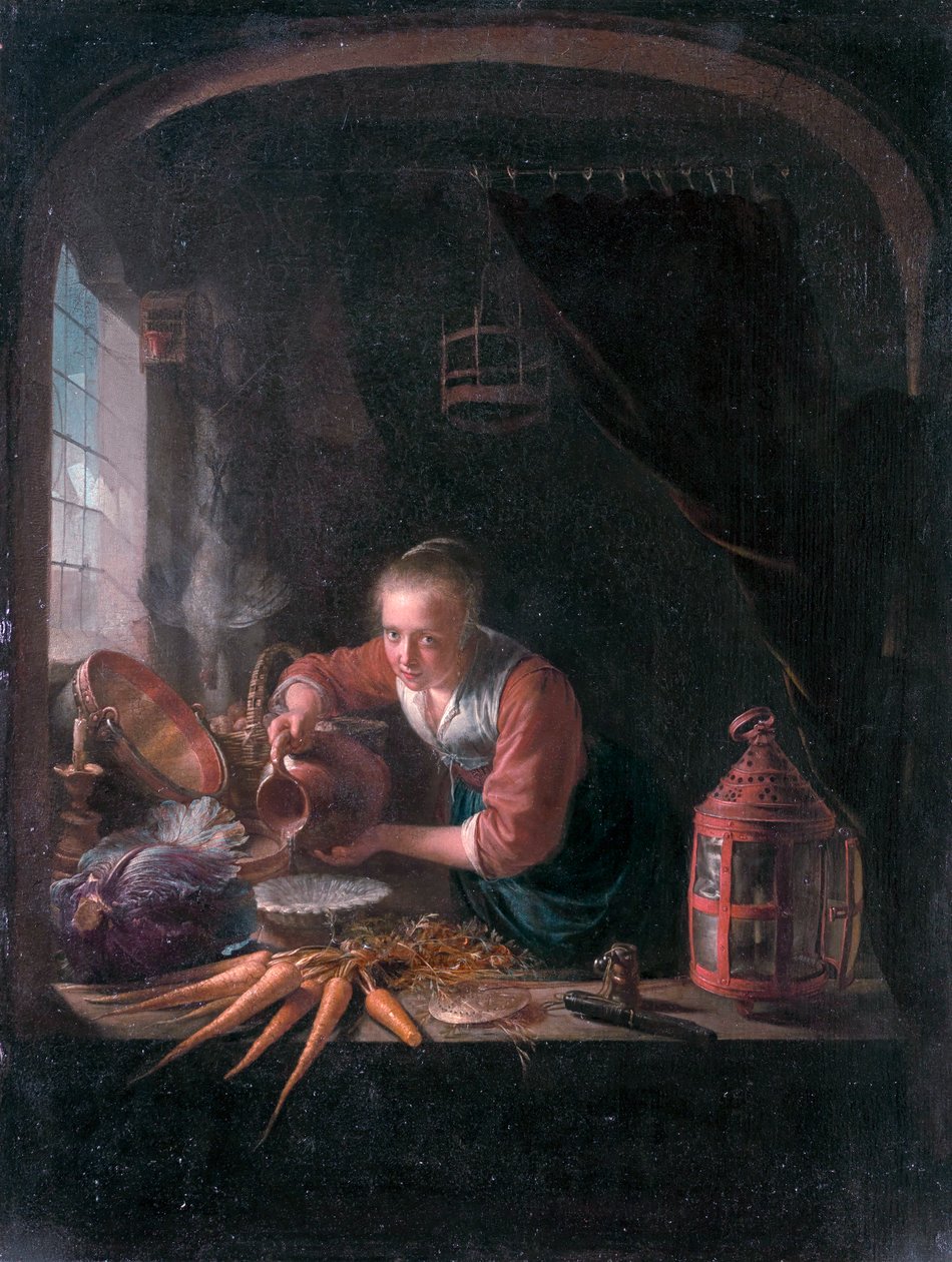 Giovane donna che versa acqua da una brocca da Gerrit Dou