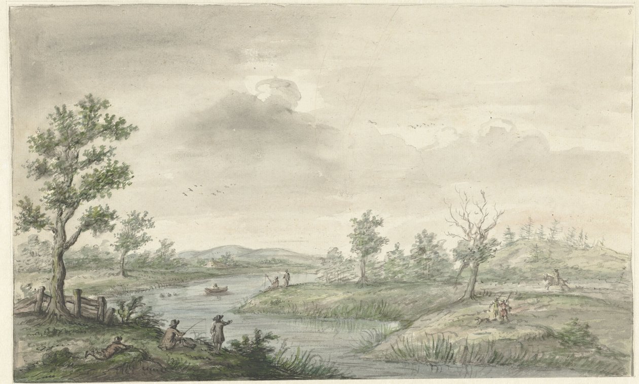 Paesaggio con fiume tortuoso e pescatori da Gerrit Grasdorp (possibly)