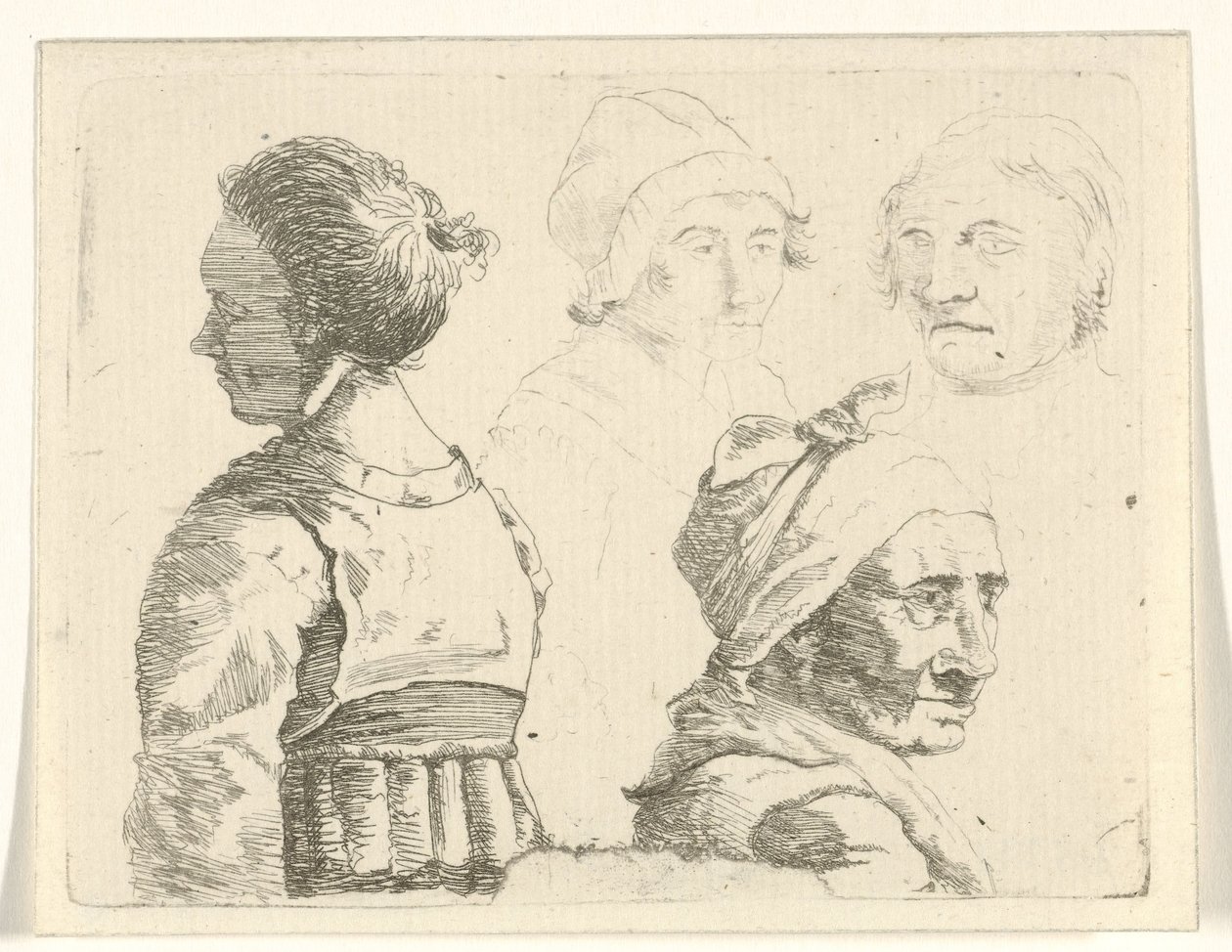 Foglio di studio con un busto di donna e tre teste di donna da Gerrit Lamberts