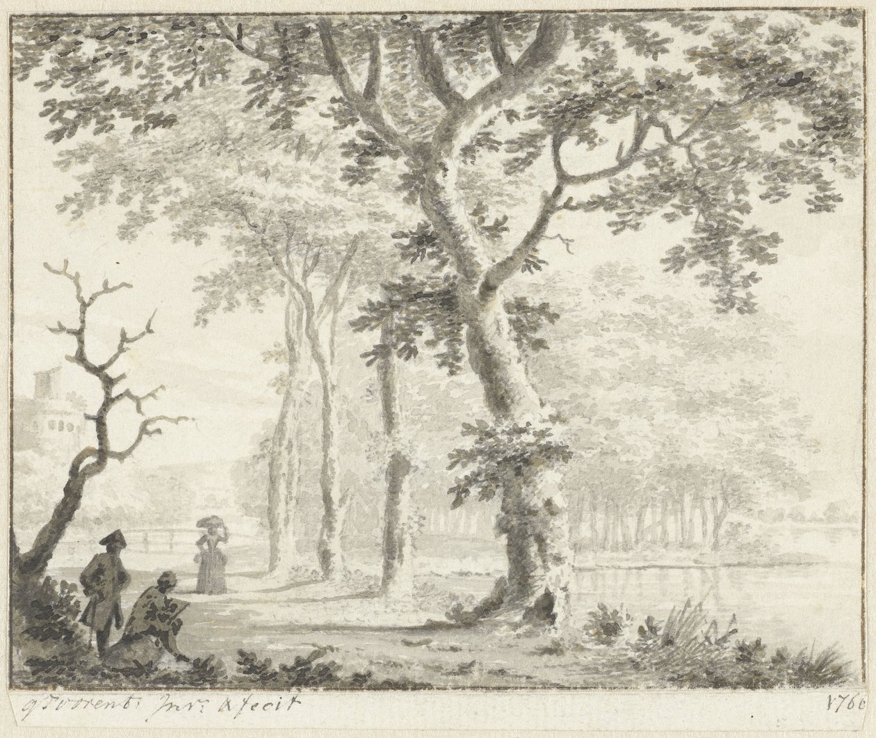 Alberi sulla riva e un disegnatore da Gerrit Toorenburgh