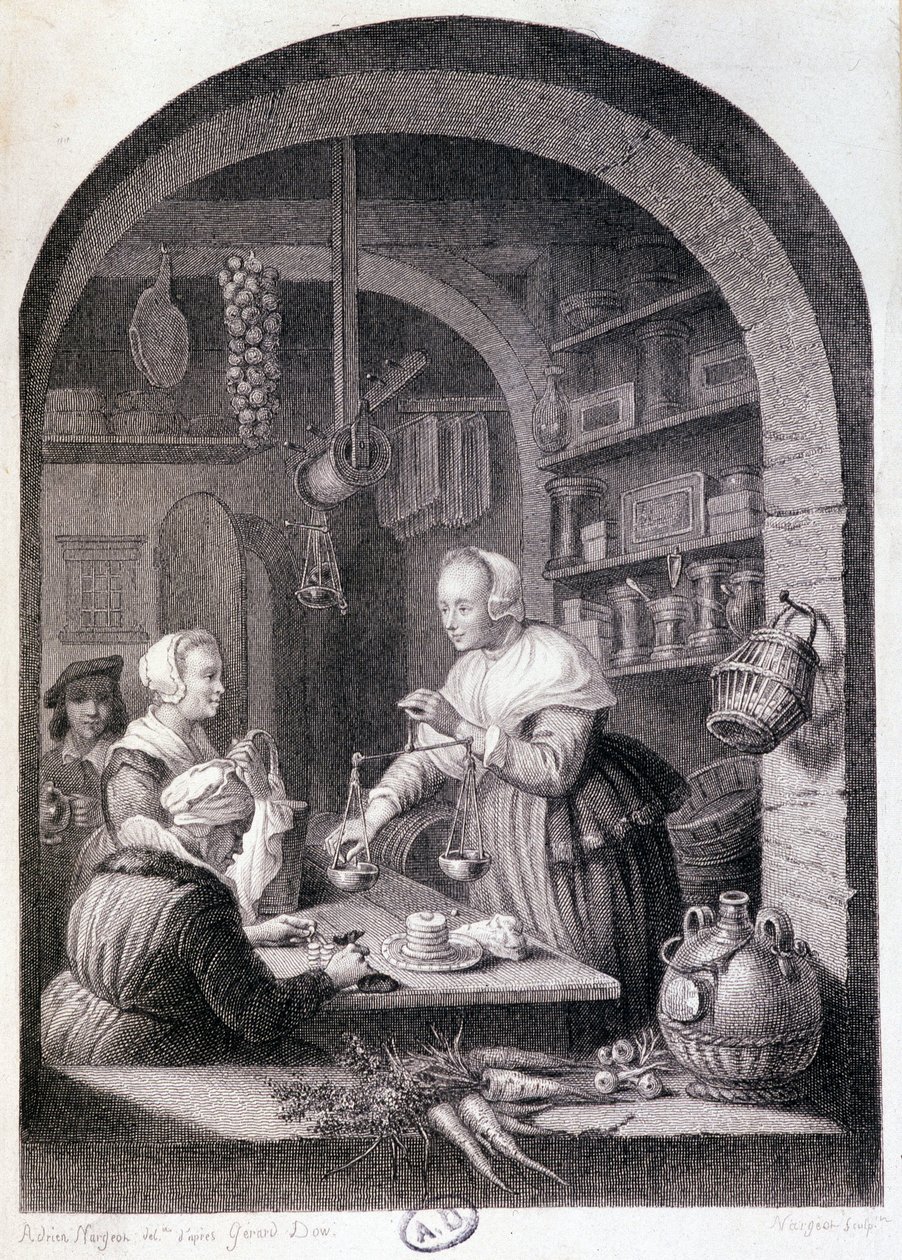 Droghiere del villaggio che pesa con una bilancia. sd. XVIII secolo da Gerrit or Gerard (after) Dou