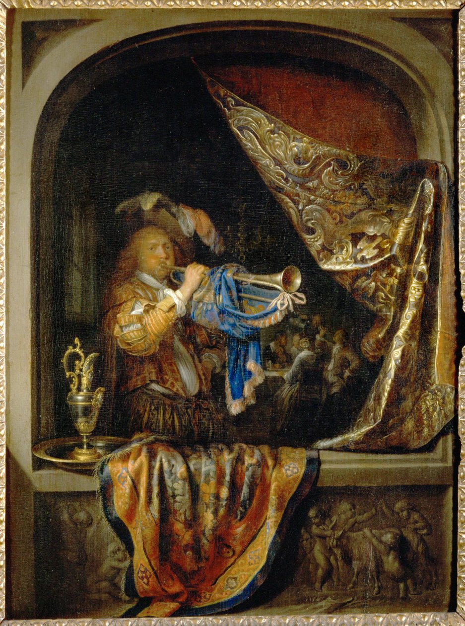 Il trombettiere, sullo sfondo un banchetto ... da Gerrit or Gerard Dou