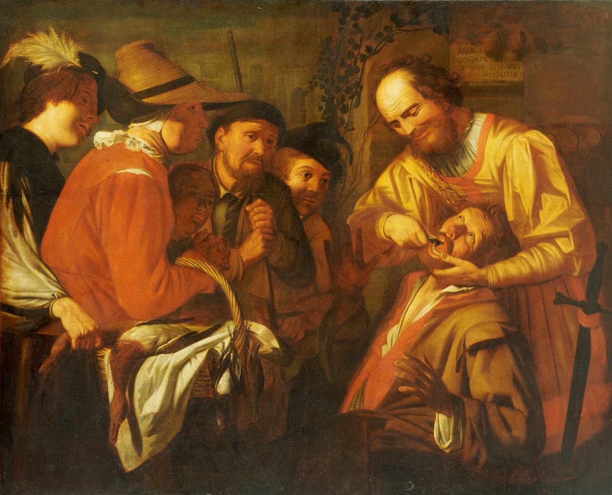 Un dentista ciarlatano estrae un dente, mentre un gruppo di spettatori osserva da Gerrit van Honthorst