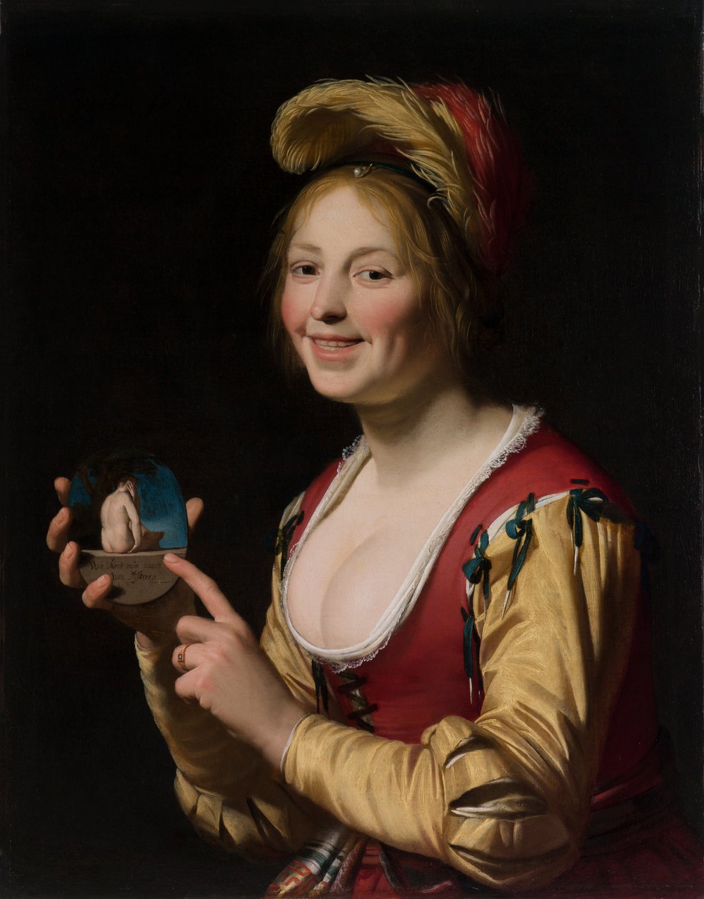Ragazza sorridente, una cortigiana, che tiene un