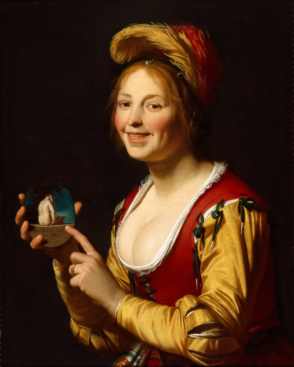 Ragazza sorridente, cortigiana, con in mano un