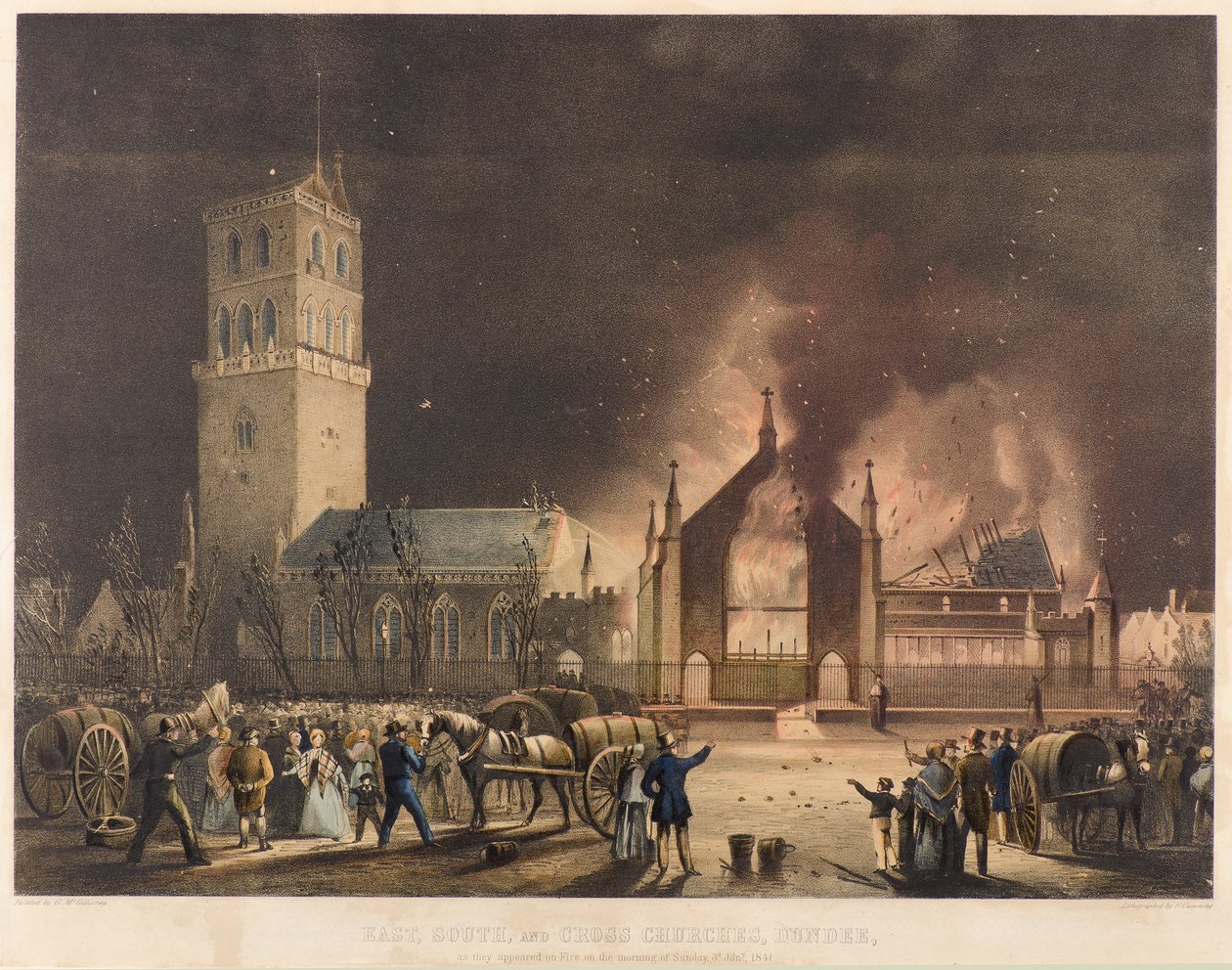 Chiese Est, Sud e Croce, Dundee, come apparivano in fiamme domenica 3 gennaio 1841, c.1841 da Gershom Gourlay Cumming