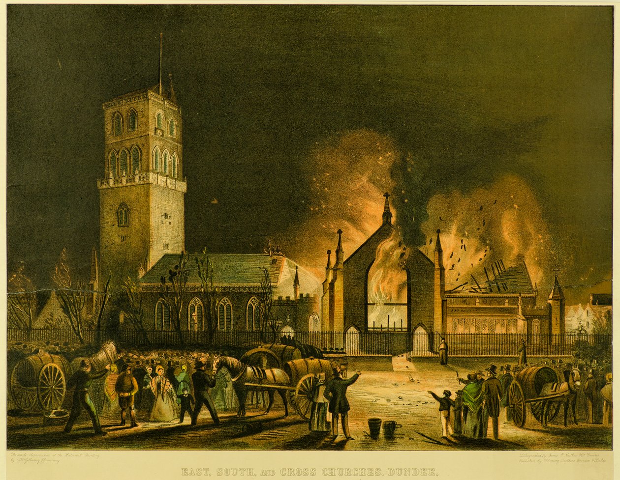 Chiese Est, Sud e Croce, Dundee (come apparivano in fiamme la mattina di domenica 3 gennaio 1841) (dopo George McGillivray) da Gershom Gourlay Cumming