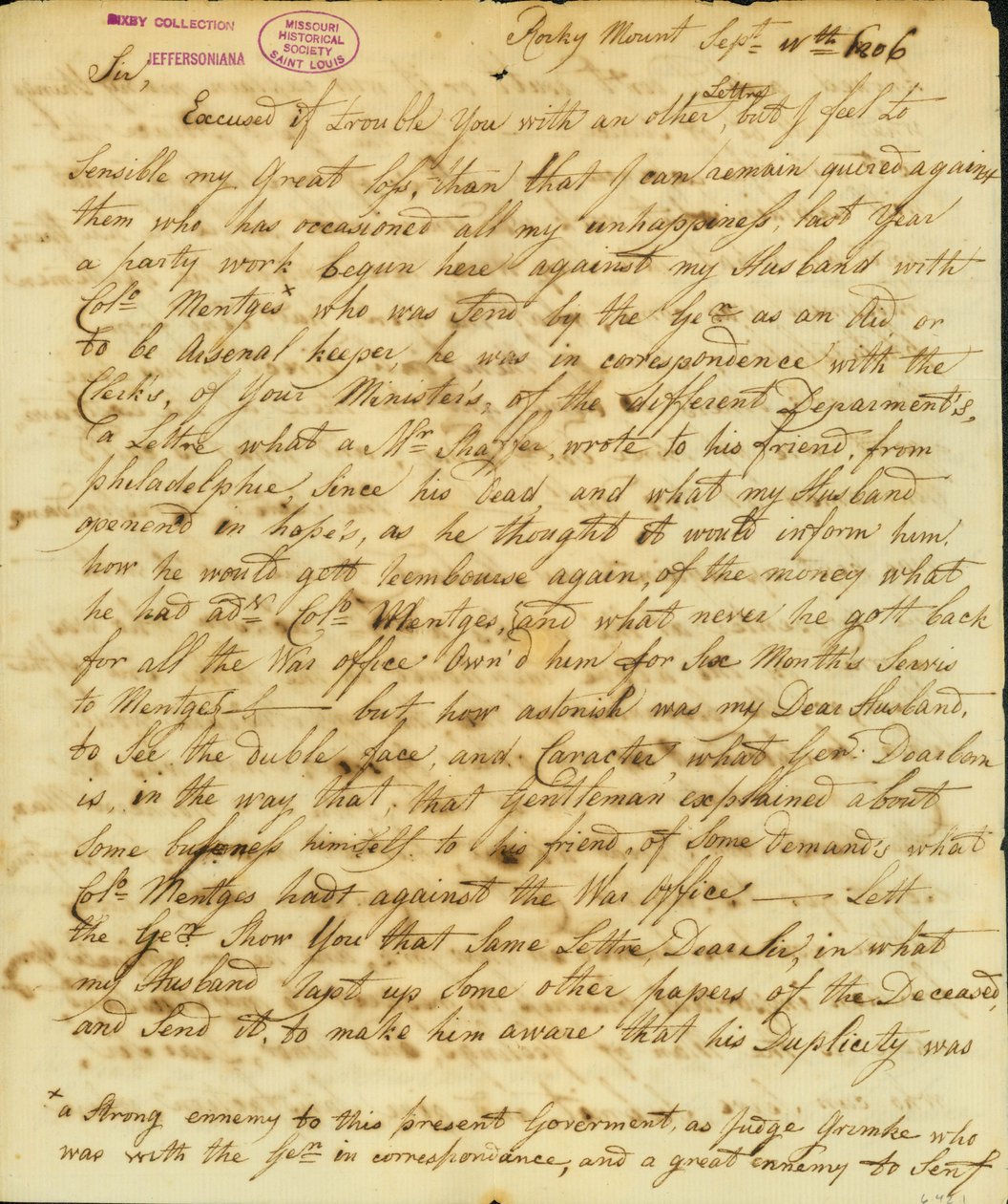Lettera firmata Gertrude Joan Senf, Rocky Mount, a Thomas Jefferson, 11 settembre 1806 da Gertrude Joan Senf