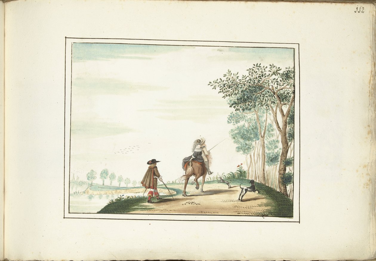 Signore e signora a cavallo e un pedone in un paesaggio da Gesina ter Borch (signed by artist)