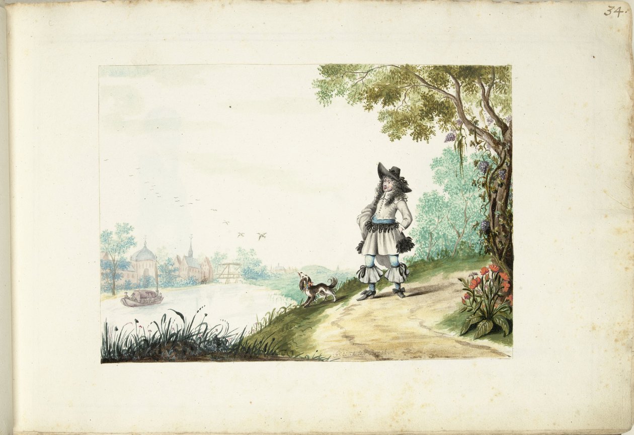 Signore che cammina lungo un fiume da Gesina ter Borch (signed by artist)