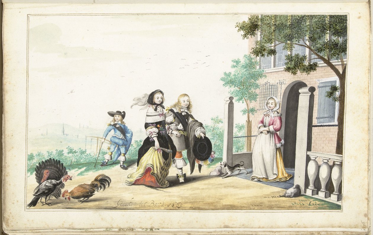 Coppia saluta una signora alla porta di una villa da Gesina ter Borch (signed by artist)