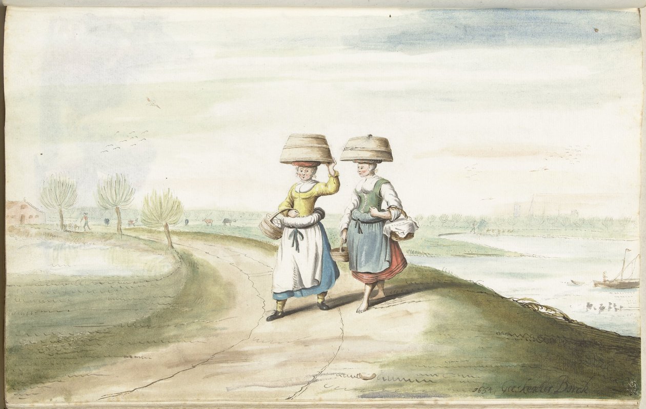 Due contadine che camminano in un paesaggio da Gesina ter Borch (signed by artist)