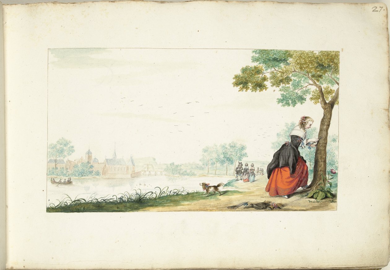 Donna che incide nomi su un albero da Gesina ter Borch (signed by artist)
