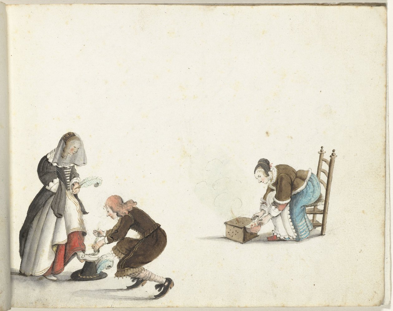 Signore allaccia la scarpa di una signora e una donna accende il fuoco in uno scaldino da Gesina ter Borch