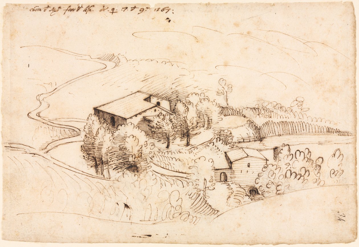 Fattoria con Alberi in un Paesaggio Collinare recto, 1567 da Gherado Cibo