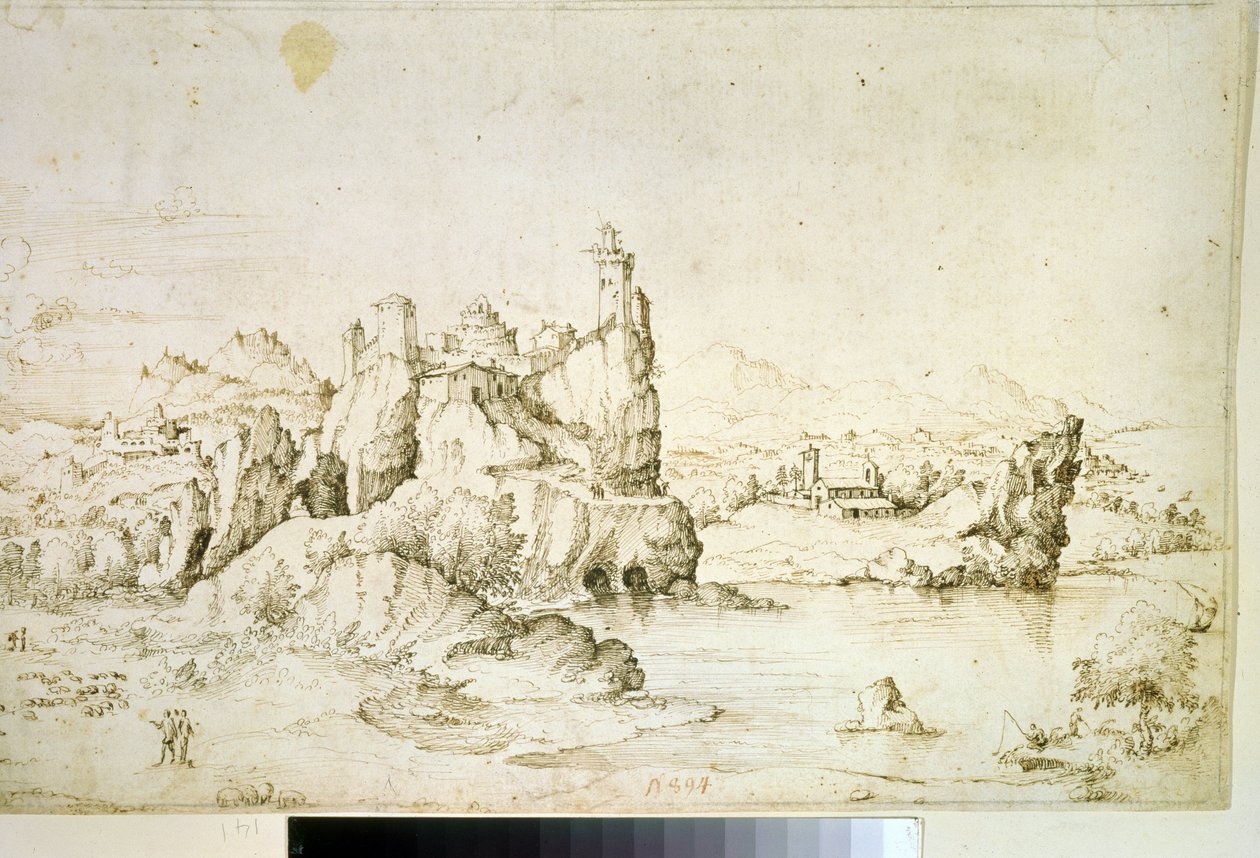 Un castello su una roccia in un paesaggio montano da Gherardo Cibo