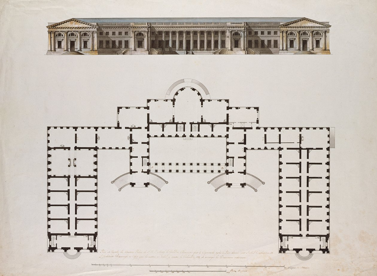 Elevazione nord e pianta del piano terra del Palazzo di Alessandro a Tsarkoe Selo, c.1780s da Giacomo Antonio Domenico Quarenghi