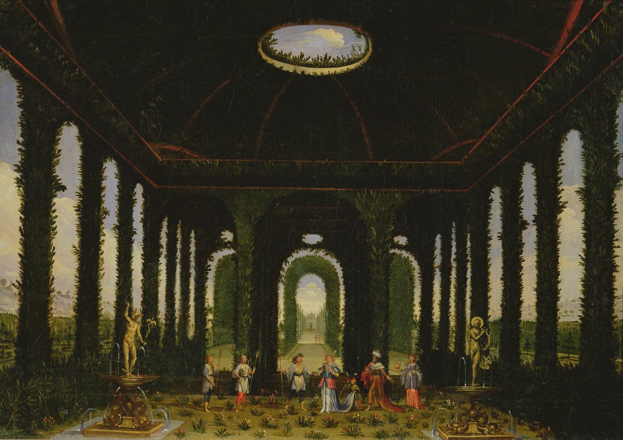 Atto III, scene XI e XIII: giardino a forma di padiglione da Giacomo Torelli