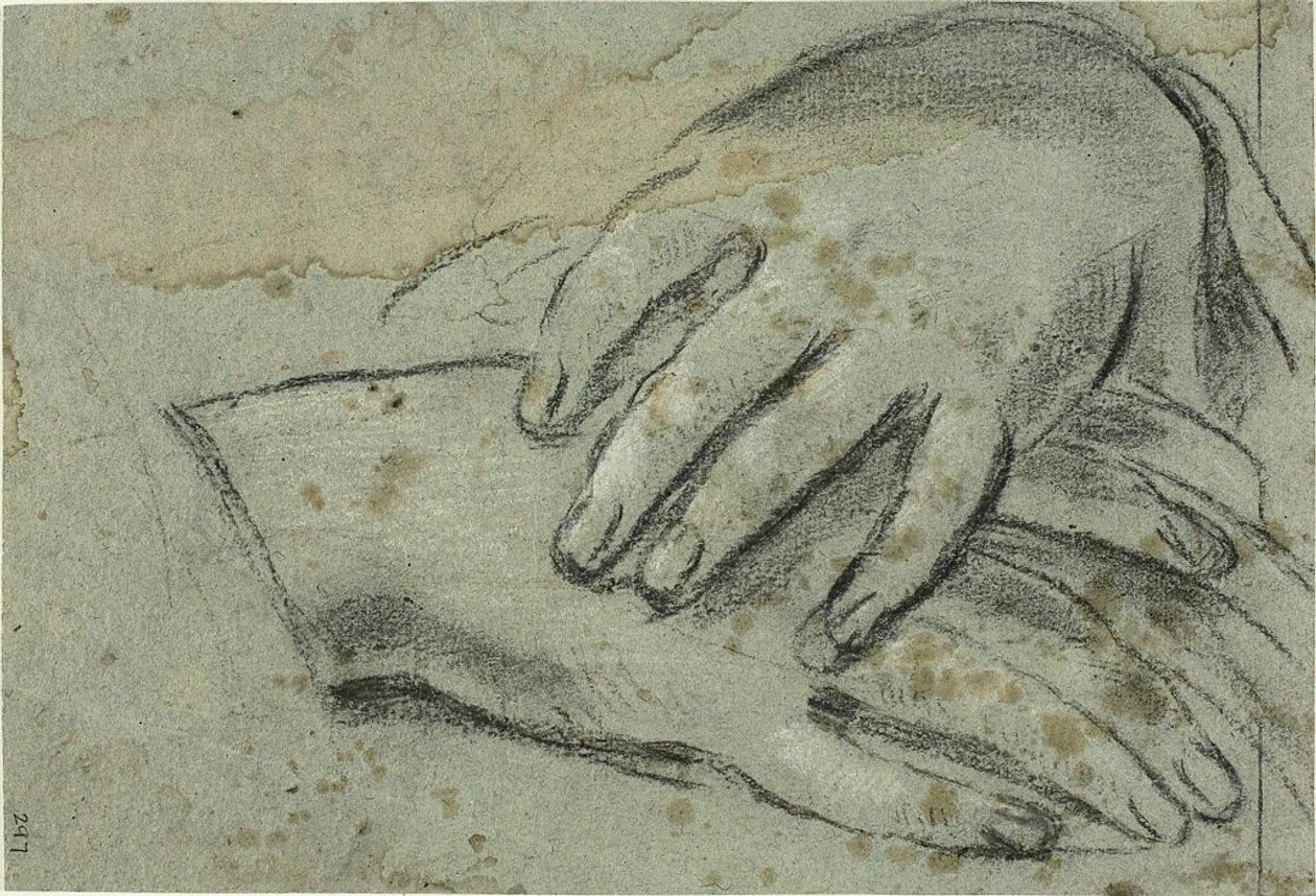 Mani incrociate (recto); piede destro, parzialmente coperto da un drappeggio (verso) da Giacomo Cavedone